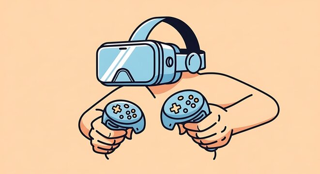 Person wearing virtual reality headset and holding controllers for gaming