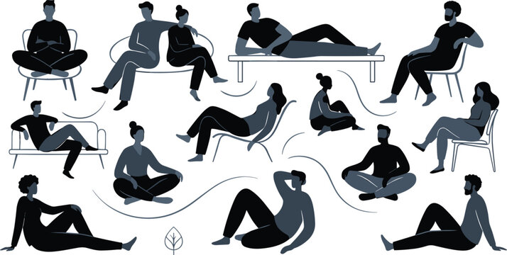 Vector Illustration Set of Men and Women in Various Seated and Reclining Poses on Chairs and Floor for Lifestyle, Relaxation, and Wellness Designs