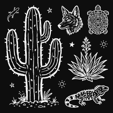 Desert Wildlife and Flora Doodle Set, Hand Drawn White Chalk Scribble on Black Background featuring Saguaro Cactus, Coyote, Gila Monster, and Tortoise