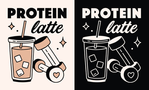 Protein latte iced coffee logo label pre workout powder milk drink black retro aesthetic sticker illustration. To go cup next to dumbbell outline drawing line art gym girl shirt design poster print.