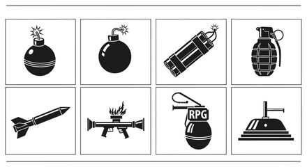 Naklejka premium Explosive Weapons Icons Set: Bombs, Grenades, Rockets, RPG, Dynamite