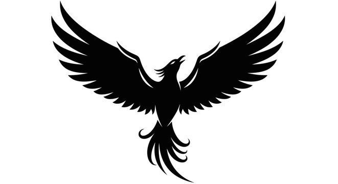 Black silhouette of a phoenix rising with spread wings, symbolizing rebirth and power.
