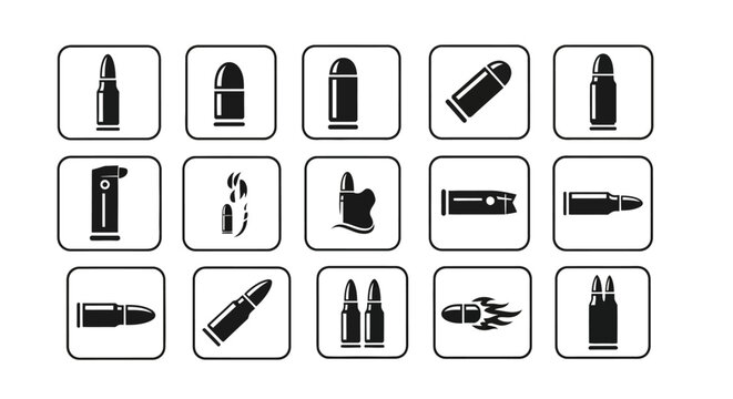 Set of Bullet Icons and Ammunition Symbols, Military and Weaponry Graphics