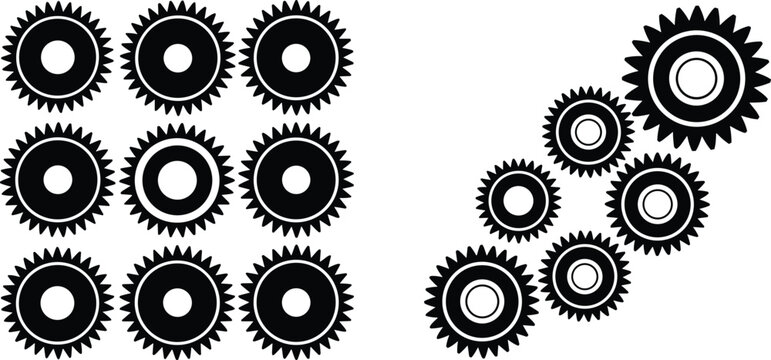 Black Gear Wheel Silhouette Collection with Circular Cog Icons for Industrial Engineering and Mechanical Technology Design
