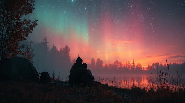 Serene Evening Under Northern Lights with Couple Embracing by the Water's Edge