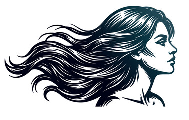 Profile portrait of beautiful woman with long flowing hair artistic black and white line drawing. © Bipudas