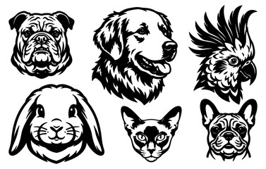 Obraz premium Set of animal heads vector illustrations, black and white line art portraits of pets.