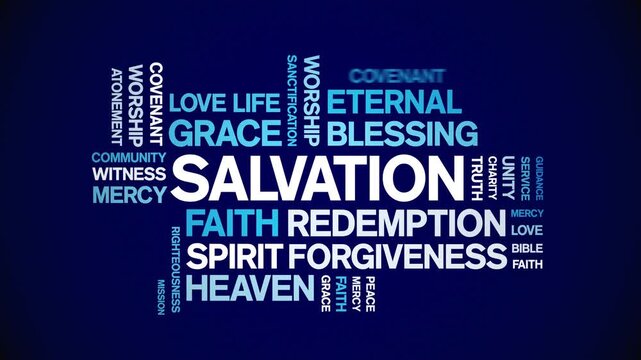 Salvation animated word cloud-text design animation tag kinetic typography seamless loop.