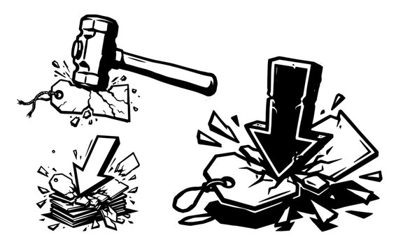 Price tag being destroyed by falling arrows and hammer, signifying drastic price reduction and sales.