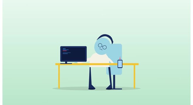 Tired programmer working at desk with computer and smartphone animation