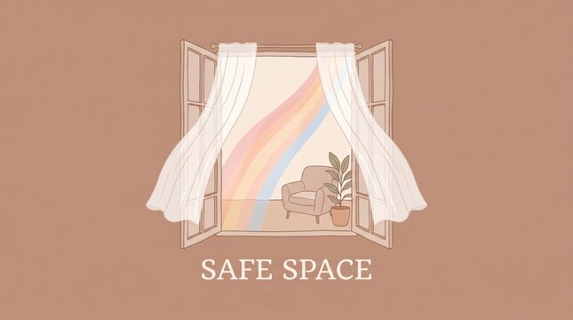 Inviting illustration of a window with a rainbow, symbolizing a safe space for pride month, fostering lgbtq equality and acceptance.