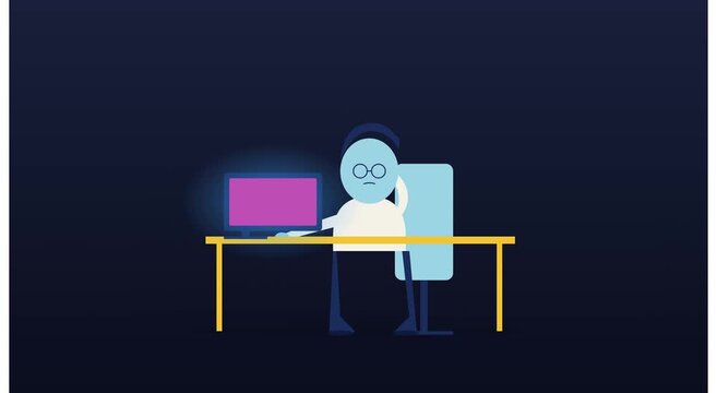 Tired office worker staring at computer screen in minimalist animation
