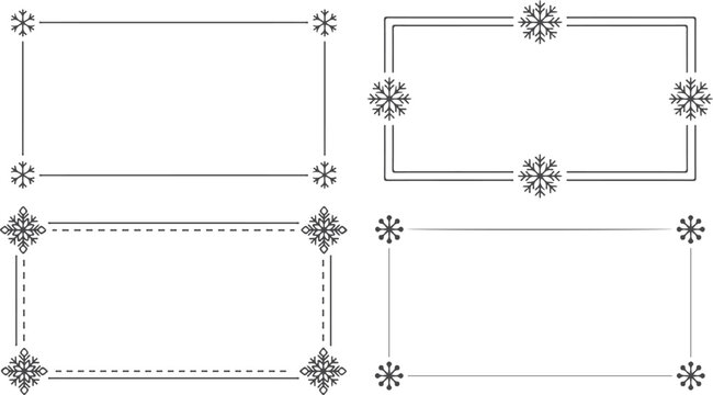 Set of four decorative winter frames with snowflakes and dashed lines for festive greetings and holiday invitations designs.