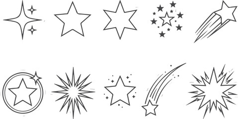 Set of star shape outlines and decorative elements like shooting stars and sparkles for graphic design. © Sadhin