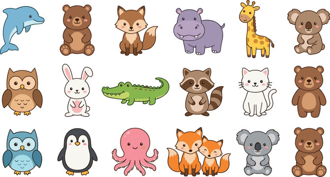 Cute Cartoon Wild Safari Marine and Forest Animal Character Clipart Set with Bear Fox Koala Hippo Owl Rabbit Octopus and Penguin for Kids