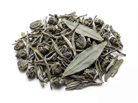 Photorealistic small cluster of dried herbal tea leaves and aromatic bay leaves on a white background showcasing natural textures and muted green brown tones for culinary