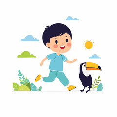 Obraz premium Boy Running with Toucan in Nature