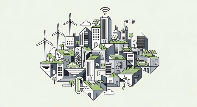 Sustainable cityscape with green technology and renewable energy solutions integrated into urban architecture design