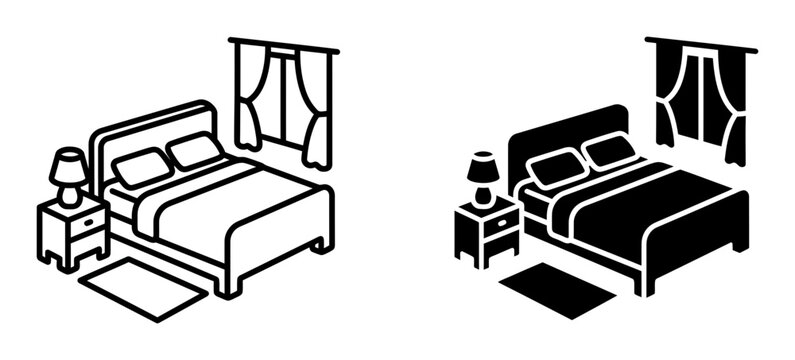 Bedroom isometric icon set, featuring a bed with pillows and blanket, nightstand with lamp, rug, and window with curtains. Modern home interior design vector illustration for real estate and