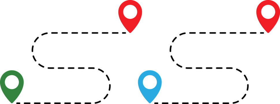 Two different routes with location pins isolated on white background
