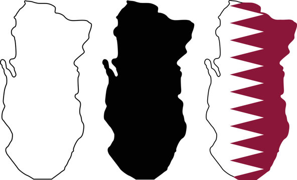 Qatar map outline, silhouette and flag map isolated on white background