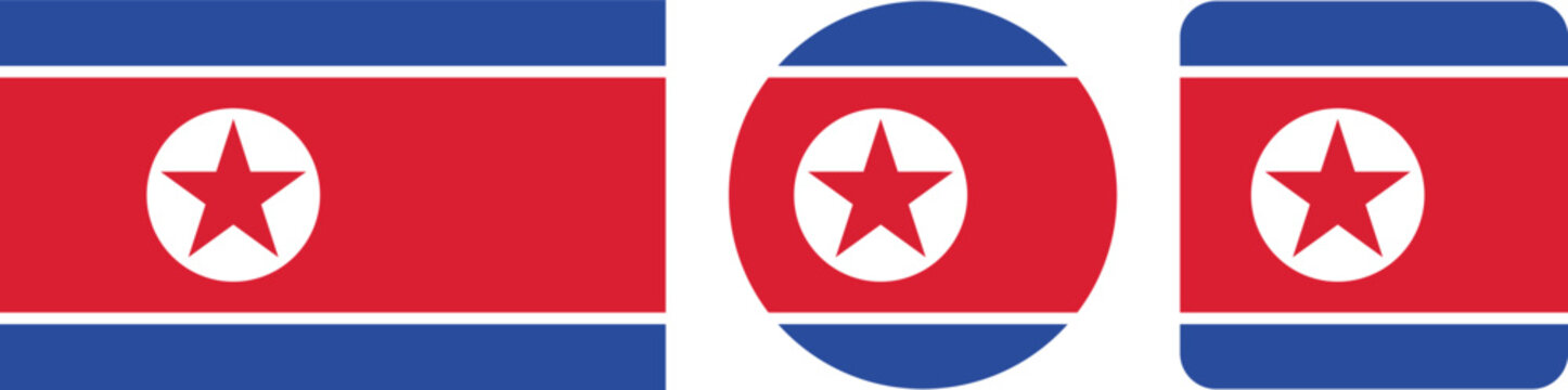 North korea flag icons in rectangular, circular and rounded square shapes
