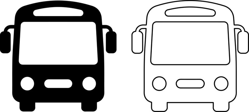Bus icon set, front view of a bus in solid and outline style
