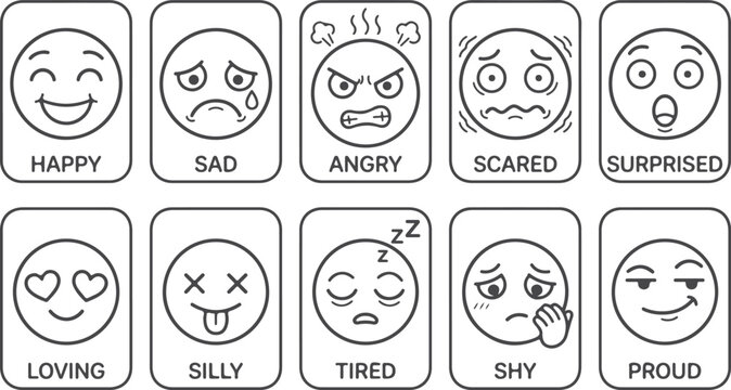 Emoji emotion faces set happy sad angry scared surprised loving silly tired shy proud outline icons on transparent background.