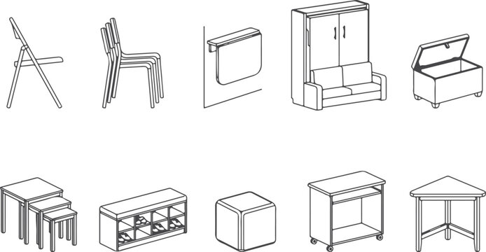 Collection of outline furniture items, chairs, tables, bench, sofa bed.