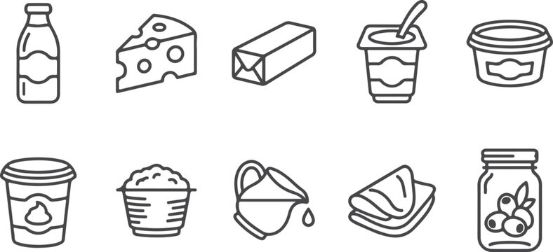Dairy products and condiments in outline style on transparent background milk cheese butter yogurt jam jar.