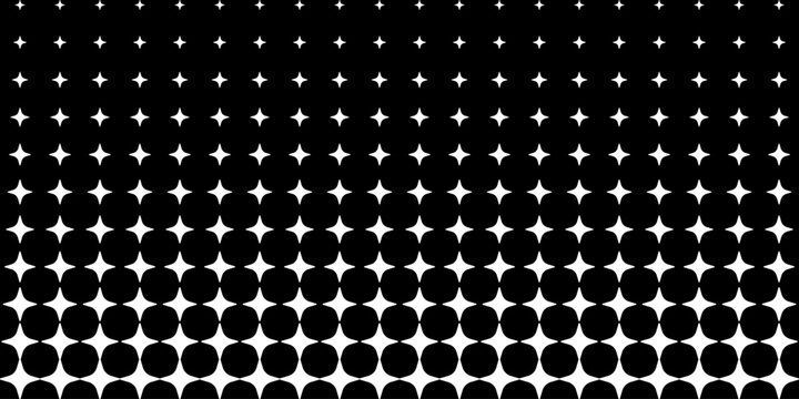 White star pattern transitioning into circles on black. Halftone geometric gradient texture. Minimalist abstract shapes for graphic design element and modern print background. Vector illustration