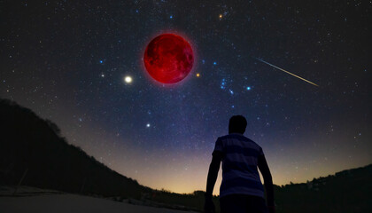Fototapeta premium Amateur astronomer observing stars, planets, Moon eclipse and other celestial objects.