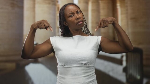 Young african american woman in a white dress points both index fingers at her chest inside a building; self assertion confidence.