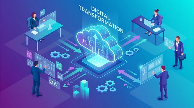 An isometric illustration showing business professionals managing digital transformation through cloud computing, big data, and global connectivity