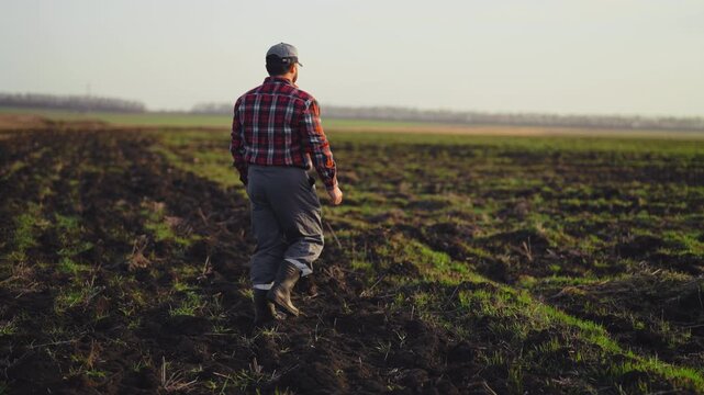 Villager walking in beautiful agricultural fields, farmer admiring farmland. Agribusiness and agronomy, growing plant for food in ecological region, modern agricultural technology, beautiful nature