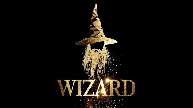 A bearded wizard with a magical golden text "WIZARD" on black background. Magic spell sparkle glow. Fantasy theme