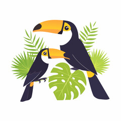 Obraz premium Two Toucans with Tropical Leaves