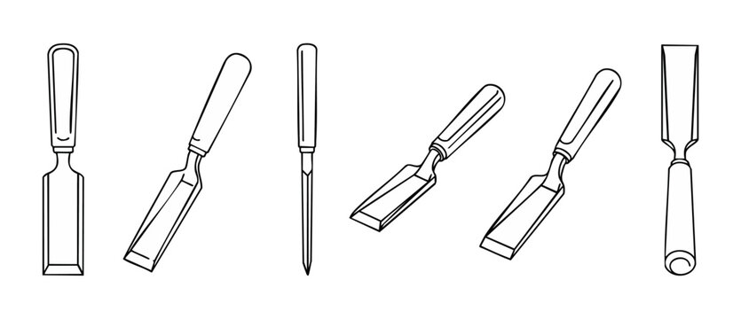 Wood Chisel Set Icon Collection, Carpentry Hand Tools Outline Graphic. Various professional woodworking carving chisels with wooden handles isolated on white background, linear vector illustration des
