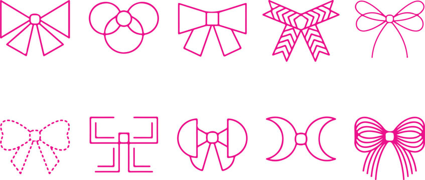 Various pink bow outlines and abstract shapes, decorative ribbon knot graphics on transparent background.