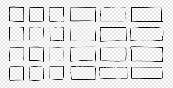 Handwriting square and rectangle frames. Hand drawn simple rubber stamp imprint. Doodle box or border brush illustration isolated on white background.