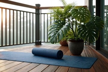 Naklejka premium Blue yoga mat on balcony deck at sunrise