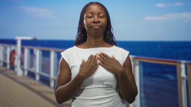 Woman pressing hands to chest on cruise ship deck studio setting, standing at railing by ocean with solemn meditative gesture; calm reflection.