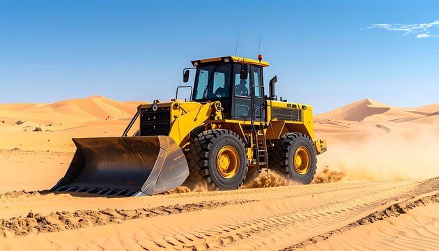 Yellow bulldozer in desert landscape.