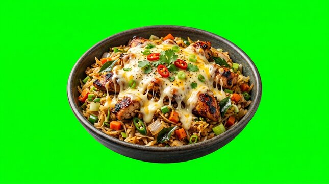 Delicious Sri Lankan Chicken Cheese Kottu isolated on green screen background