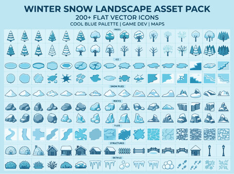 Winter snow landscape asset pack, 200+ flat vector icons for game dev and maps, cool blue palette nature elements for UI design