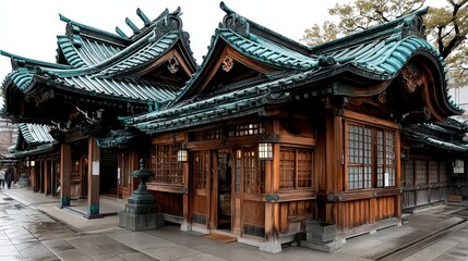 Fototapeta premium Traditional Japanese Architecture with Elegant Roof Designs and Wooden Facades