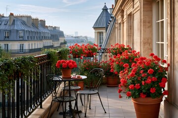 Naklejka premium Paris balcony with red geraniums overlooking city rooftops