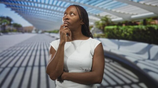 Young african american woman touching chin in a thinking gesture on a street under a pergola with striped shadow patterns on the walkway; thoughtful reflection.