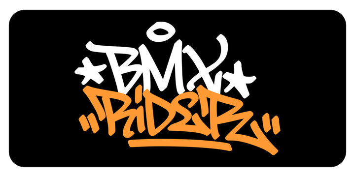 Orange and white bmx rider graffiti tag lettering with star symbol on black background. Professional extreme sports themed urban street art for racing events and creative apparel.