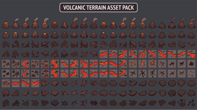 Volcanic terrain asset pack, isometric game environment kit with volcanoes and lava rivers, stylized dark rock landscape elements for map design